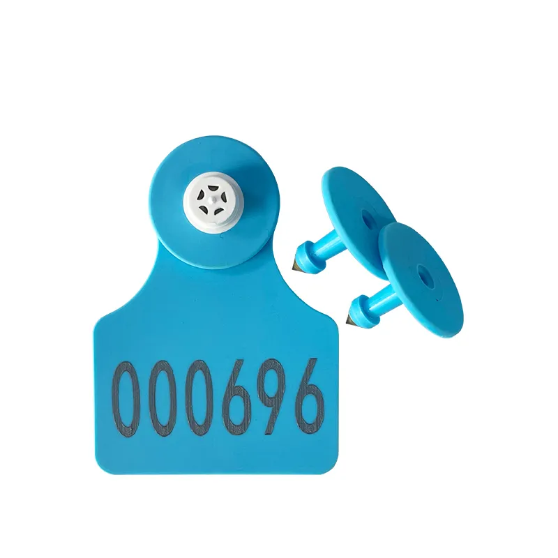 Blue RA-E105 Animal EID Ear Tag FDX-B HDX with black number 000696, accompanied by two matching blue button applicator pins.